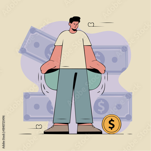 empty pockets and falling currency with oversized bills and cartoon coin on beige backdrop of financial stress
