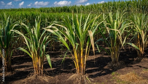 Sugar cane plantation with blue sky background.