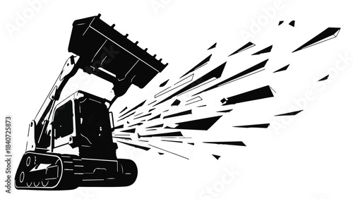 Black silhouette excavator heavy machinery equipment breaking through barrier with motion lines and dynamic energy in construction site