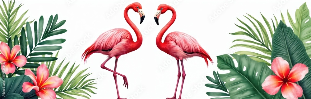 Fototapeta premium Two pink flamingos stand in green tropical leaves, vibrant plumeria flowers. Elegant necks form heart shape against white background. Artwork evokes sense of romance, tropical paradise.
