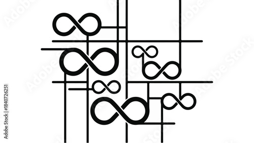 Geometric infinity symbol pattern with intersecting lines and shapes on white background for design and creativity concept