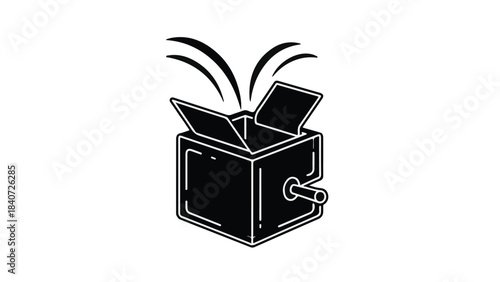 Black and white illustration of an open treasure chest box with money flying out, symbolizing wealth and success in business and finance