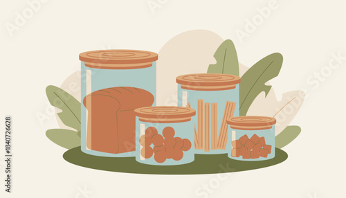 A collection of glass containers with bamboo lids emphasizing a harmonious blend of natural materials for food storage displayed against a natural backdrop.