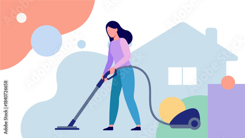 Modern Flat Illustration of a Woman Cleaning Home with a Vacuum Cleaner