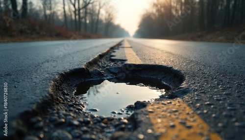 Large pothole filled with water on empty asphalt road near forest. Cracked pavement on roadway, danger for vehicles and bikes, need for road repair.