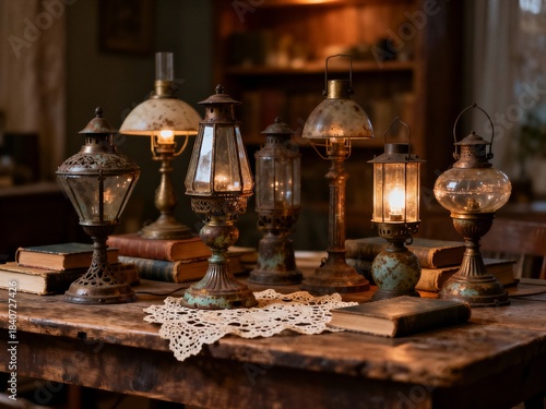 A table with a variety of antique lamps and books