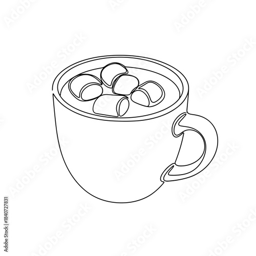 Hot chocolate cup with marshmallows in minimalist outline style  