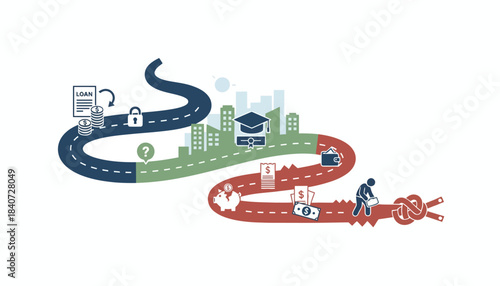 A timeline of a students journey from applying for loans to graduation and struggling with repayment depicted as a winding road with obstacles.