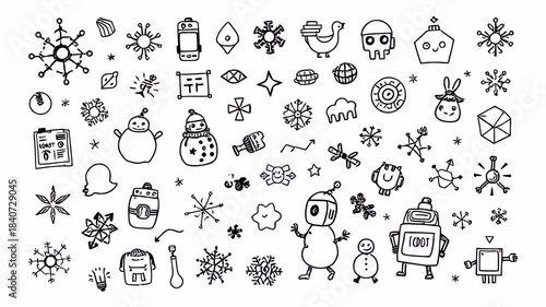 Hand-drawn doodle animation with alpha channel on transparent background showing winter toys, snowflakes, gifts, robots and playful holiday elements.