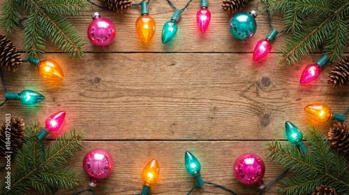 vintage Christmas ornaments on a wooden background with copy space