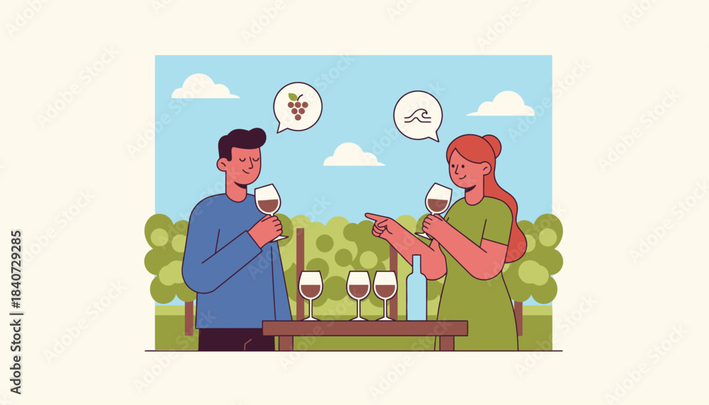 Obraz premium A couple enjoys a wine tasting at a vineyard swirling glasses and commenting on the different flavors of each pour.