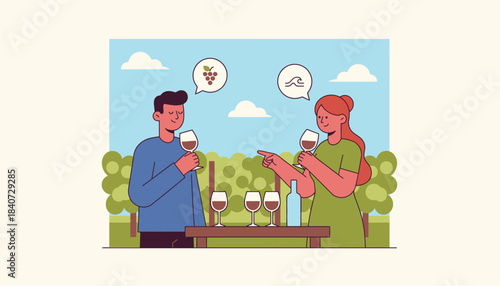 A couple enjoys a wine tasting at a vineyard swirling glasses and commenting on the different flavors of each pour.