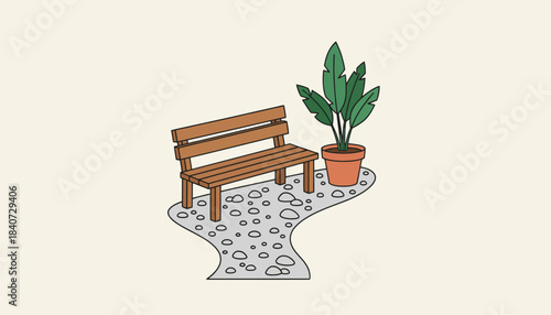 A tranquil outdoor space with a small wooden bench a gravel pathway and a single potted plant creating a peaceful retreat.