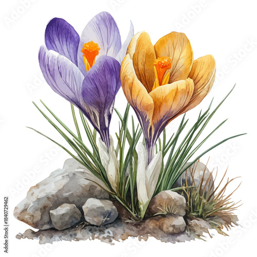 Crocus Flower, graceful vector watercolor painting with soft flowing strokes and subtle highlights, isolated on a white background.