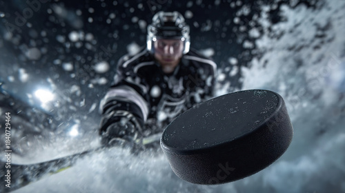 portrait close up hockey player wearing uniform move on dark stadium background throws the puck to the foreground. copy space banner. focus on flying puck