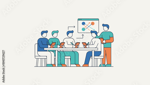 A user feedback session with stakeholders observing a product demonstration taking notes on the usability and feature requests for future iterations.