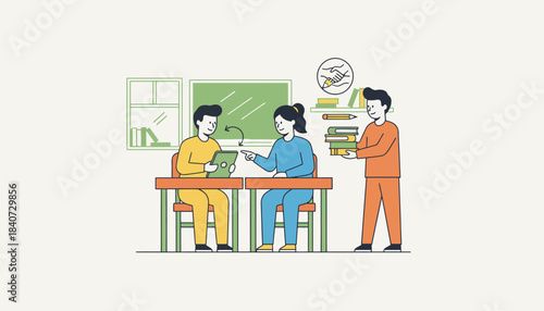 A vibrant scene depicting a classroom with icons representing cooperation such as students helping each other with assignments and sharing supplies.