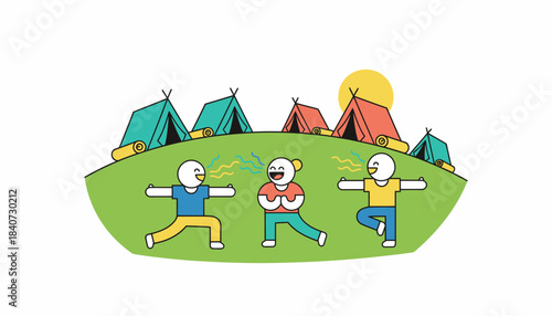 A vibrant yoga retreat setup on a grassy knoll complete with colorful tents mats and shared laughter a participants.