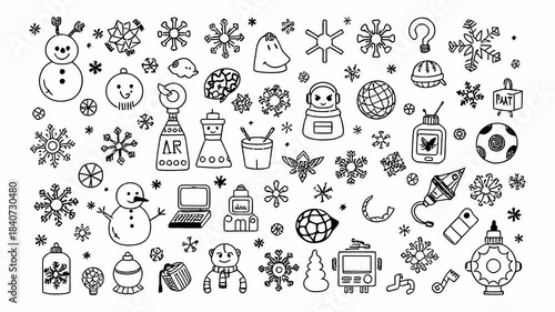 Hand-drawn doodle animation with alpha channel on transparent background including robots, snowflakes, winter decorations, gifts and festive seasonal graphics.