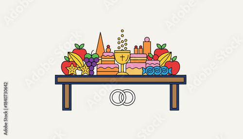 A ceremonial table adorned with vibrant fruits and sweets representing prosperity and abundance in the couples new life.