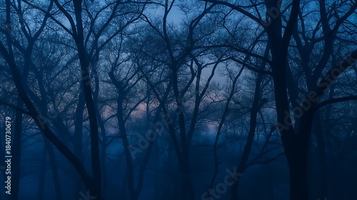 Eerie dark blue forest silhouette at twilight with dense fog creating a mysterious and atmospheric natural landscape