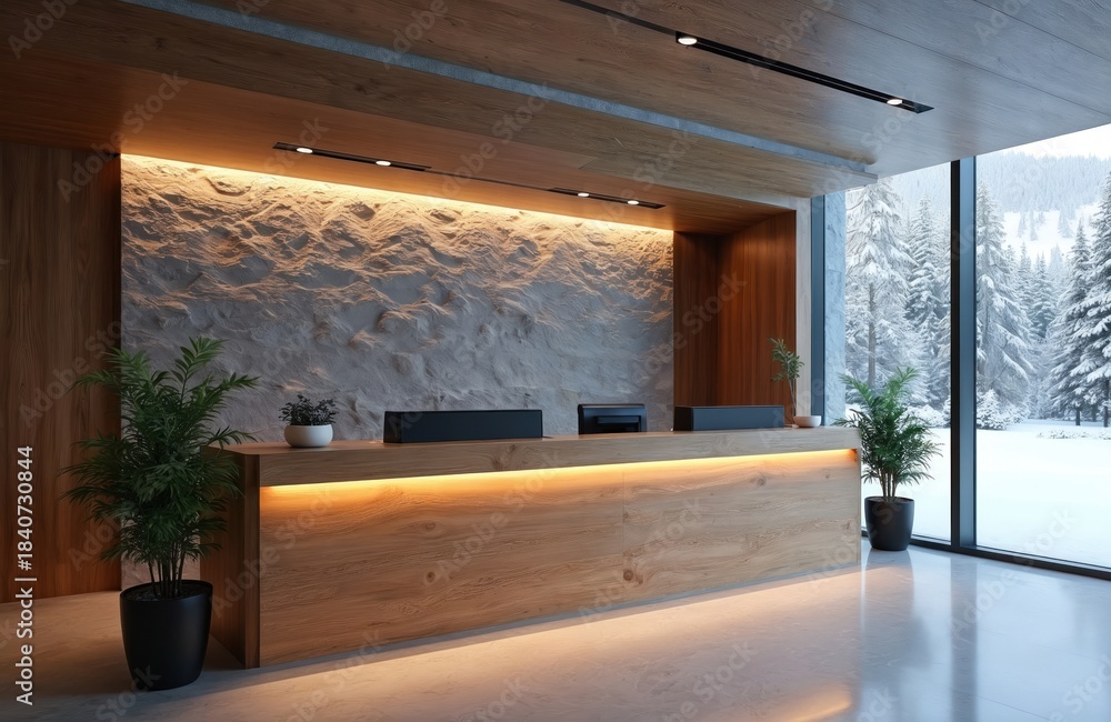 Naklejka premium Modern hotel reception desk with wood accents and textured stone wall. Large window shows snowy forest landscape outside. Plants add natural touch to elegant interior design.