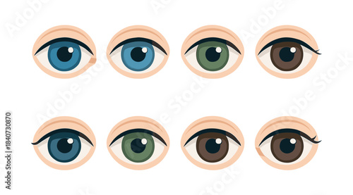 Eye color variations, flat vector illustration of pupil, iris, lens design