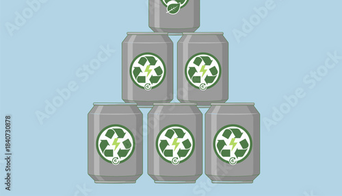 A stack of aluminum cans with green energy symbols representing the recycling of metals for sustainability.