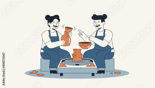 An adventure in pottery making where a couple shapes clay on a spinning wheel laughing at each others creations.