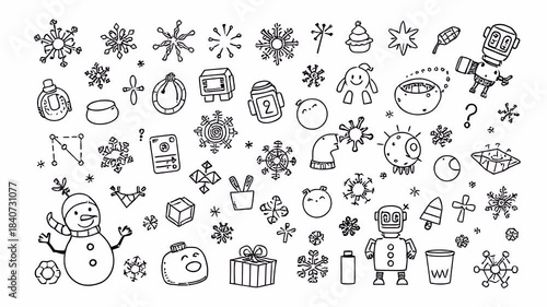 Hand-drawn doodle animation with alpha channel on transparent background featuring winter gifts, robots, snowflakes, ornaments and festive seasonal elements.