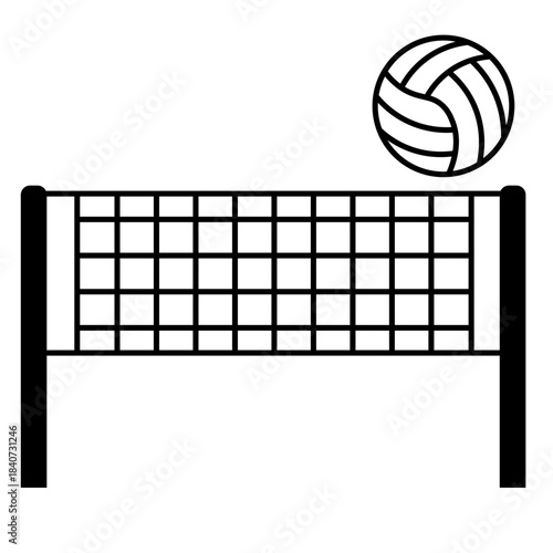 バレーボールとネットのシンプルな線画イラスト