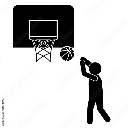 バスケットボールをゴールに投げる人物のシルエットイラスト