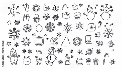 Hand-drawn doodle animation with alpha channel on transparent background showing winter decorations, snowflakes, characters, gifts and playful holiday designs.