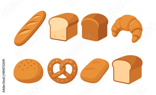 Bread variety collection, baguette, pretzel, and loaf, flat vector illustration