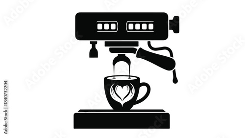 Coffee machine pouring heart shape into cup, espresso maker icon, coffee love concept, romantic morning routine, caffeine symbol