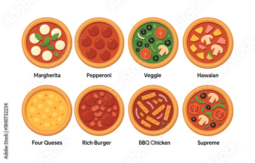 Pizza varieties collection, pepperoni, margherita, veggie and more, flat vector illustration