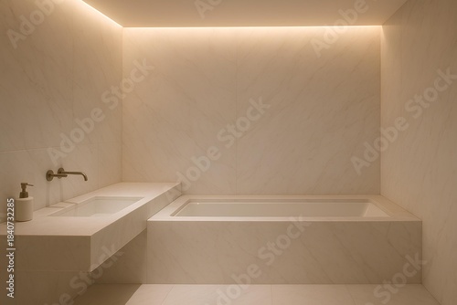 Minimalist luxury bathroom white marble, hidden faucets, warm soft lighting