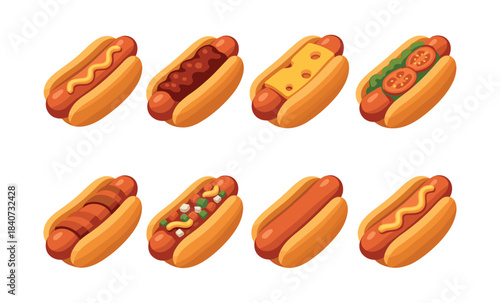 Assorted hot dog toppings, sausages, cheese, condiments, flat vector illustration