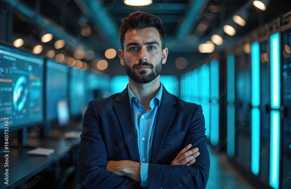 Naklejka premium Young pro man in suit stands arms crossed in modern server room. Futuristic tech office with glowing blue lights and computer screens showing data.