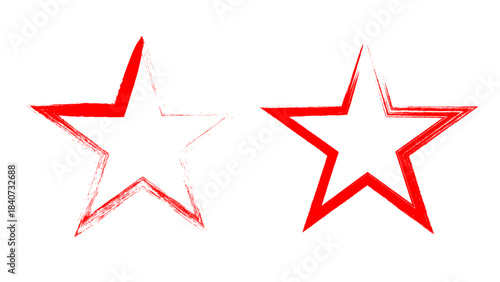 Red grunge star brush stroke vector set, Distressed messy five-pointed star symbol, Abstract painted dirty outline star icons, Military rating award sign drawing