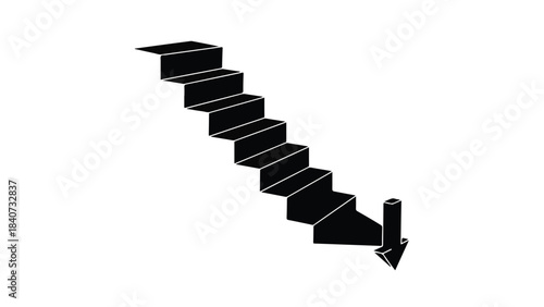 Black descending staircase with downward arrow on white background, symbolizing decline or decrease in business, health, or progress