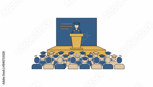 A traditional valedictorian speech being delivered on a stage with an audience attentively listening and applauding.