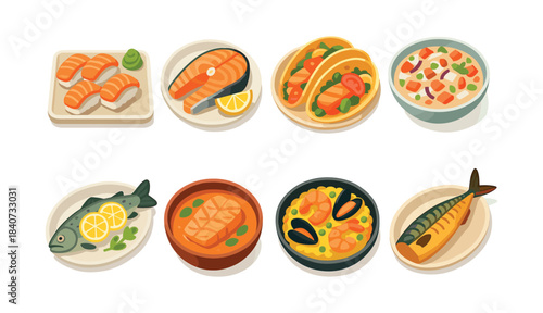Seafood dishes collection, sushi, tacos, and stew, flat vector illustration