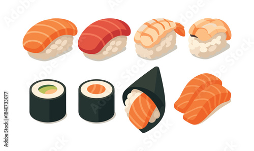Sushi assortment, nigiri and rolls, flat vector illustration, japanese cuisine art