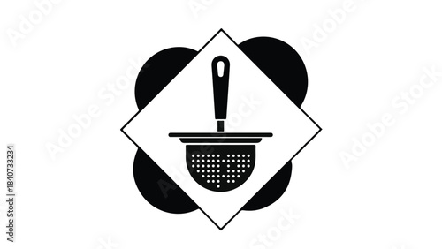 Kitchen strainer utensil icon in black and white warning sign symbol for cooking kitchenware and household tools