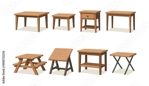 Furniture collection, tables and stools, flat vector illustration design