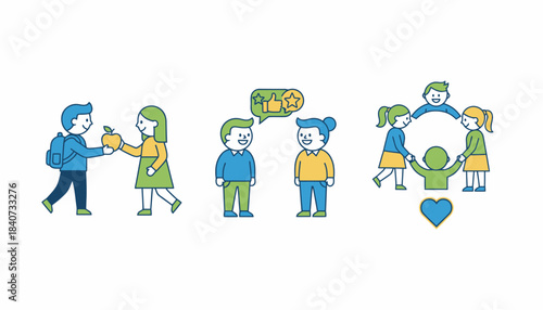 A colorful infographicstyle illustration promoting kindness featuring acts of goodwill a students like sharing and complimenting one another.