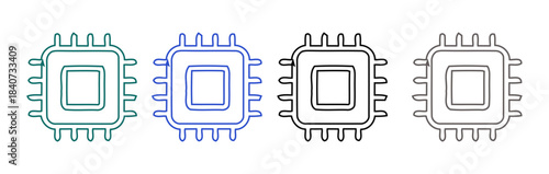 Four different colored outline icons of a microchip or CPU, representing technology and computing components.