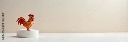 Whimsical origami rooster figurine showcasing playful elegance on a minimalist pedestal against a soft pastel backdrop, corporate-friendly concept of branding and advertising.