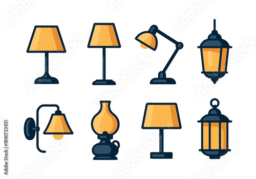 Lamp collection, flat vector illustration, table, desk, pendant, lighting